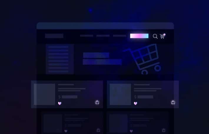 Product page imagery, including a shopping cart icon, on a deep purple background