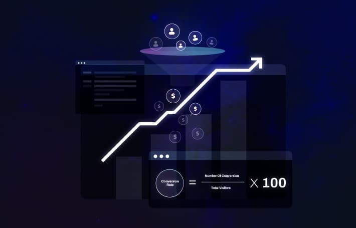 Ecommerce analytics imagery featuring a diagonal white arrow indicating growth