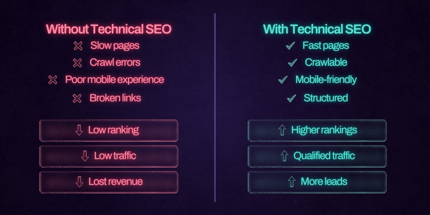 Chart comparing a site with technical seo vs one without technical seo